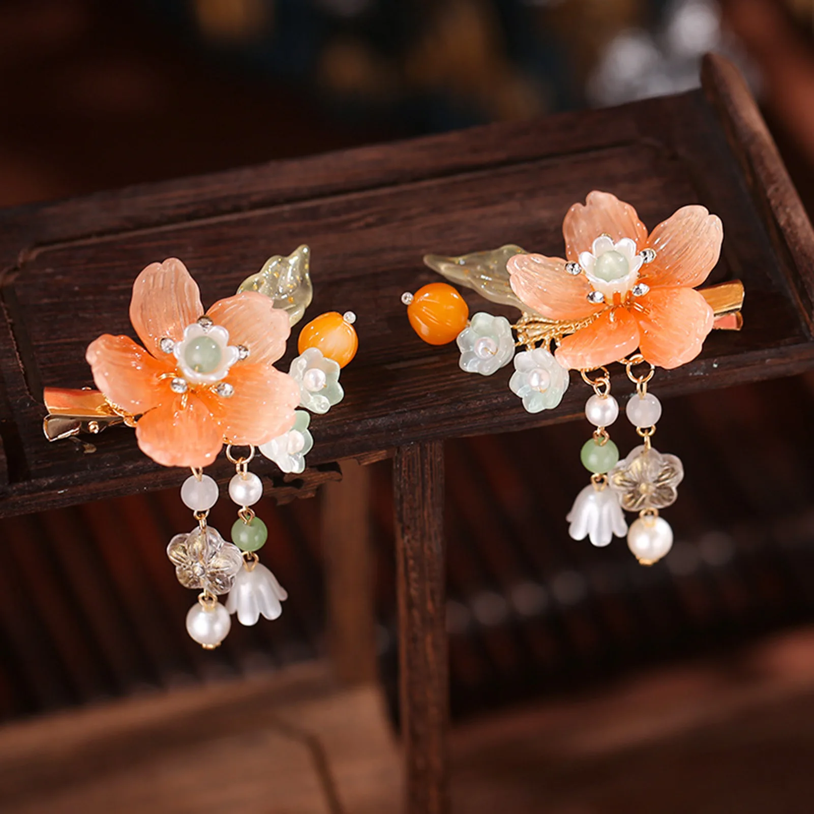 1 Paar Haarnadeln mit antiken Blumen, rosa Harz-Blumen-Haarspangen, kristallähnliche Blüten-Haarnadeln für Frauen und Mädchen, Haar-Accessoires – Detail 9
