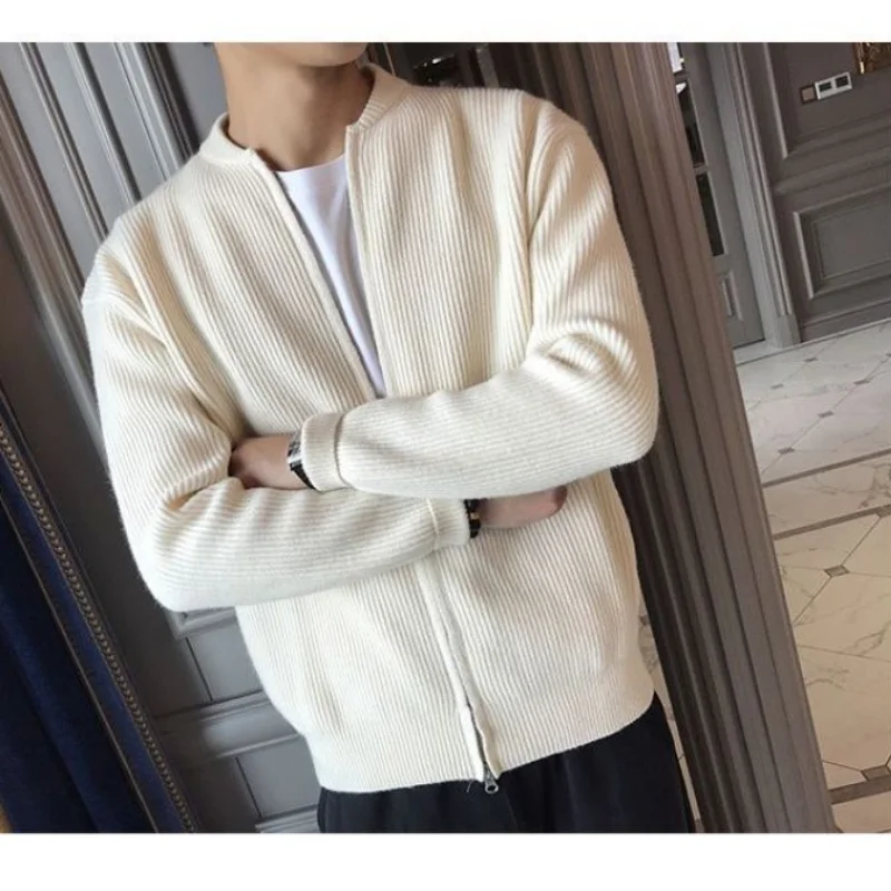 Knitted Cardigan Spring and Autumn Korean Edition Stand Collar Solid Color Pit Stripe Slim Fitting Men's Sweater Coat