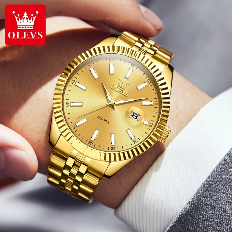 OLEVS Brand Luxury Gold Quartz Watch for Men Stainless Steel Waterproof Luminous Calendar Fashion Mens Watches Relogio Masculino