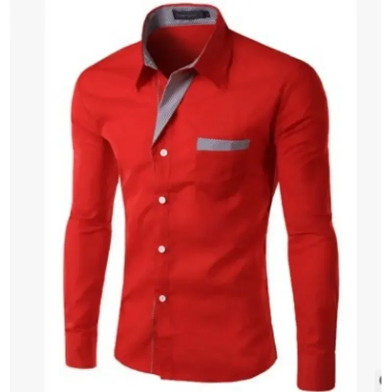thumbnail image 1 of Camisas para hombre elegantes con botones, manga larga, camisa roja para hombre, camisa de negocios con mangas, ropa popular coreana, cuello ajustado, estilo I, 1 of 5