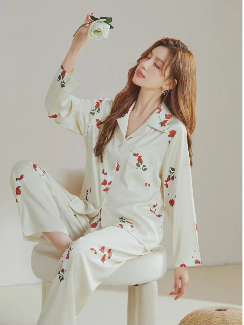 

CRLAYDK 2023 New in Women's Pajamas Silk Rose Printed Long Sleeve Summer Loungewear Button Dow Sleepwear Soft Nightwear