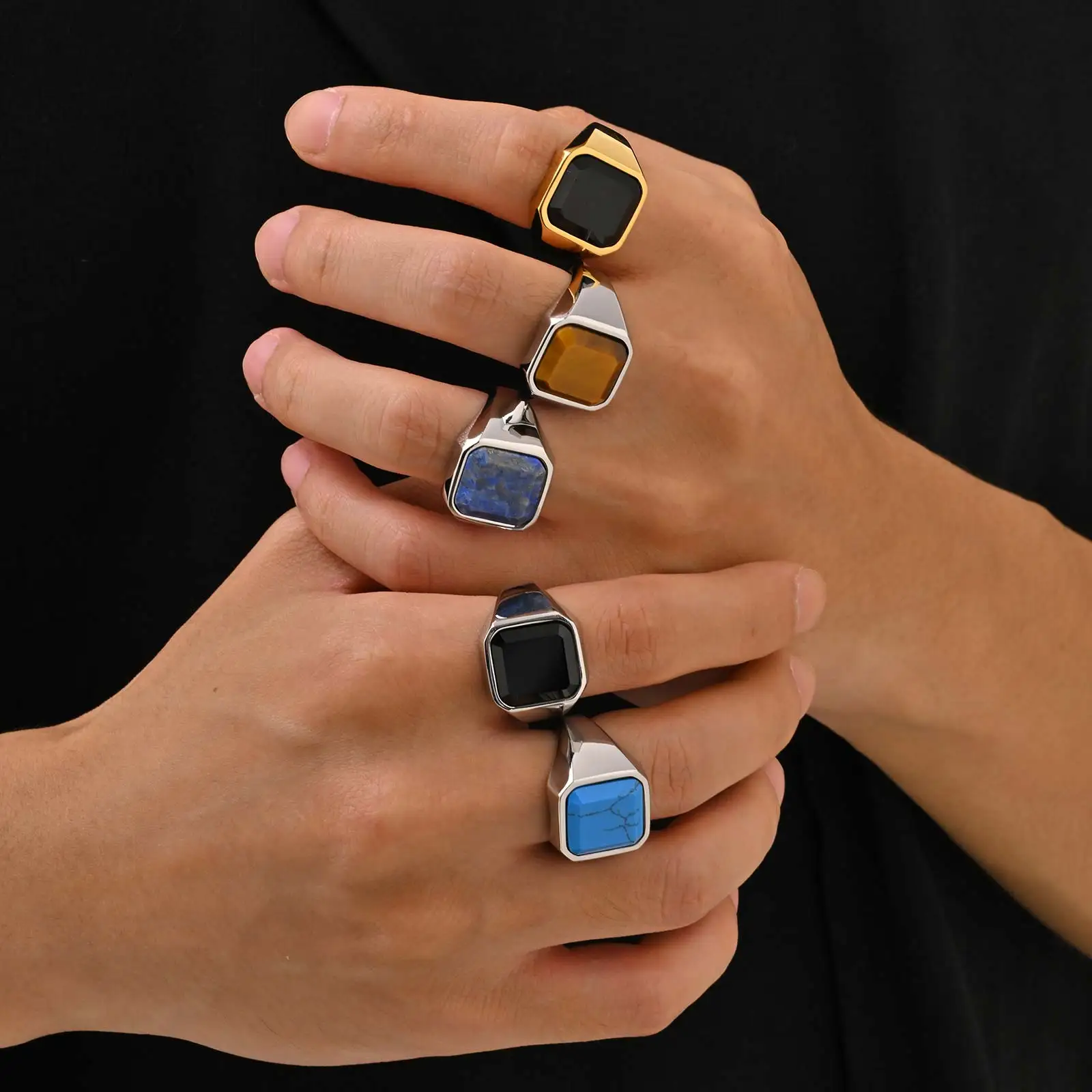Rock Punk Geometric Square Natural Stone Signet Rings for