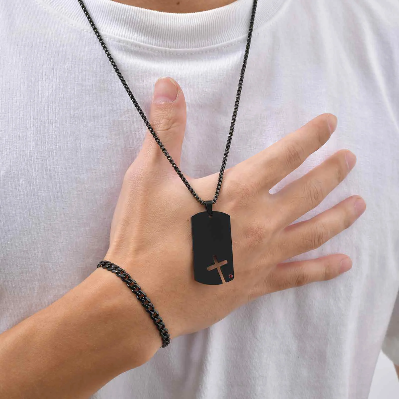 Vnox 2-teiliges Set Herren-Anhänger-Halskette und Armband, Schwarz-Gold-Silber-Farbe Edelstahl-Schmuckset, Trendige Schmuckgeschenke – Detail 29