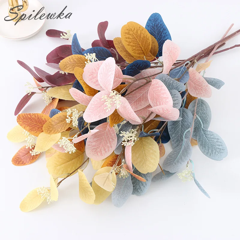 Artificial Fake Plants Eucalyptus Leaves Branch with Fruit Wedding Home Flower Arrangement Blue Pink Modern Decor |