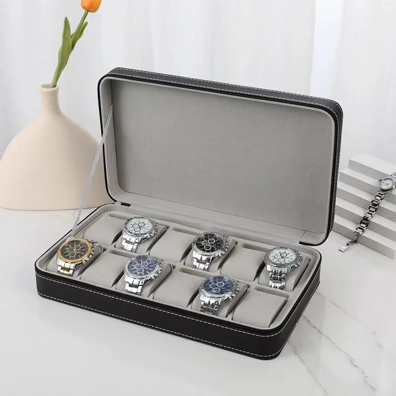 

6/10/12 Slots Portable Leather Watch Box Your Watch Good Organizer Jewelry Storage Box Zipper Easy Carry Men Watch Box New D30