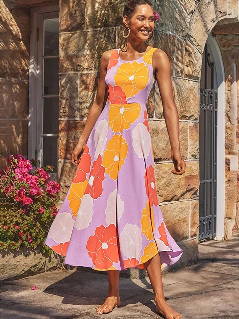 Elegant Long Dress Woman Summer Fashion Floral Print Sleeveless Holiday Beach  Dress Fashion Simple A-line Dresses For Women 2022 - Dresses - AliExpress