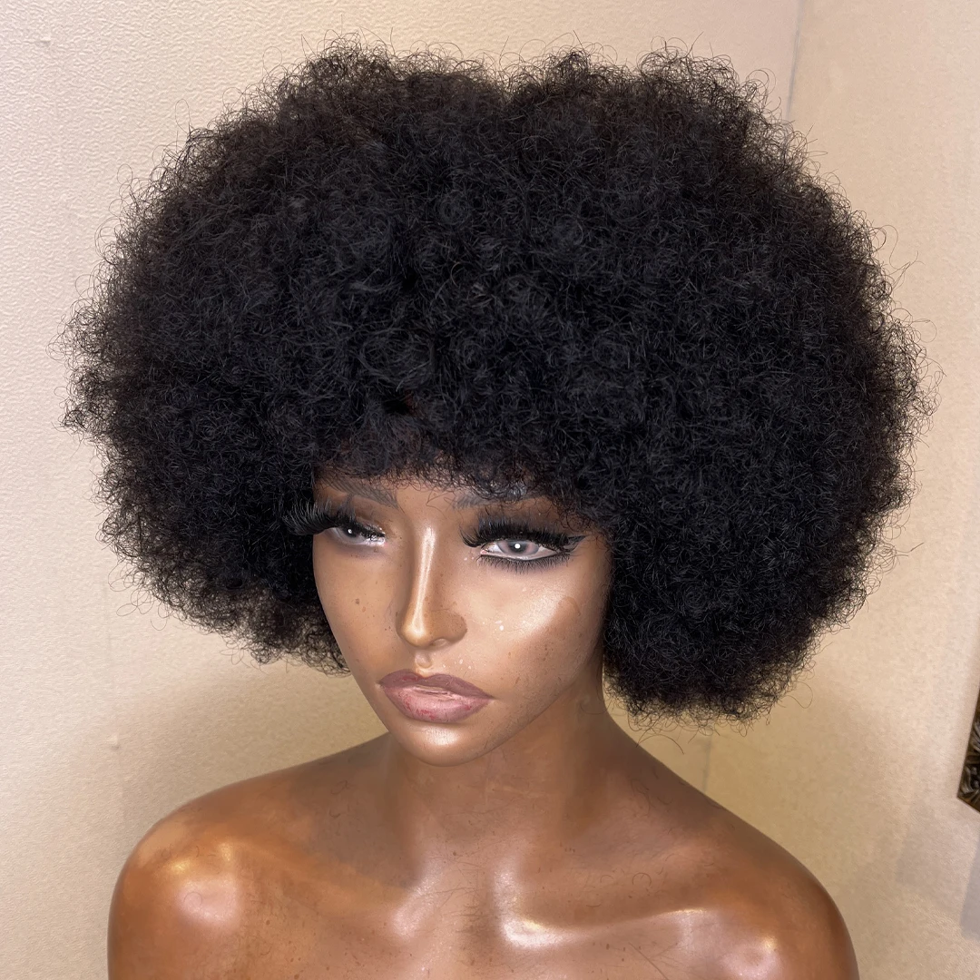 

Short Curly Full Machine Made Wigs for Black Women Mongolian Afro Kinky Curly Human Hair No Lace Wig With Bangs for Black Women