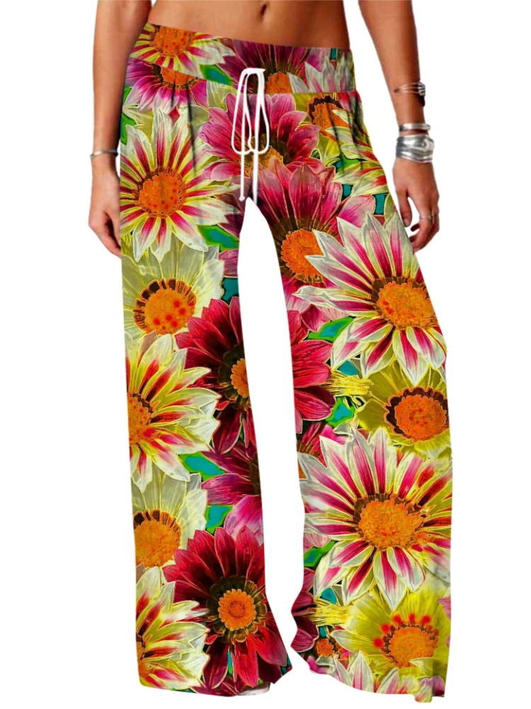 Wide Leg Pants Full Length Flowers Graphics Palm Tree Pattern Printed Hipster Fashion Summer Streetwear Trousers Women Clothing