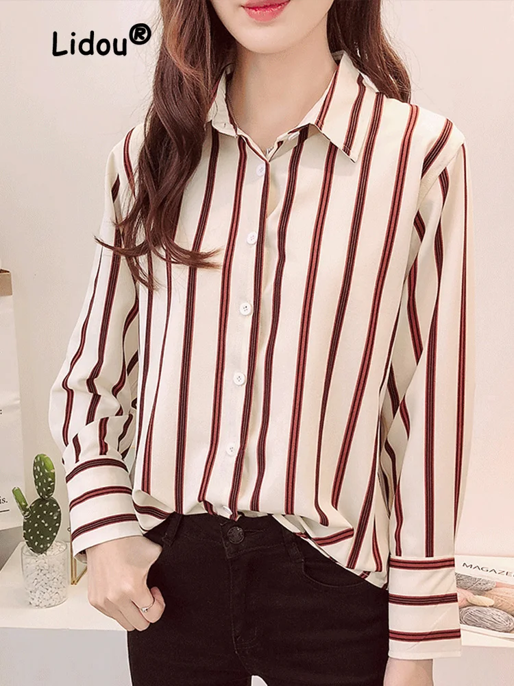 

Casual Fashion Striped Single-breasted Blouse Women New Long Sleeve Loose Korean Office Polo Collar All-match Temperament Shirt
