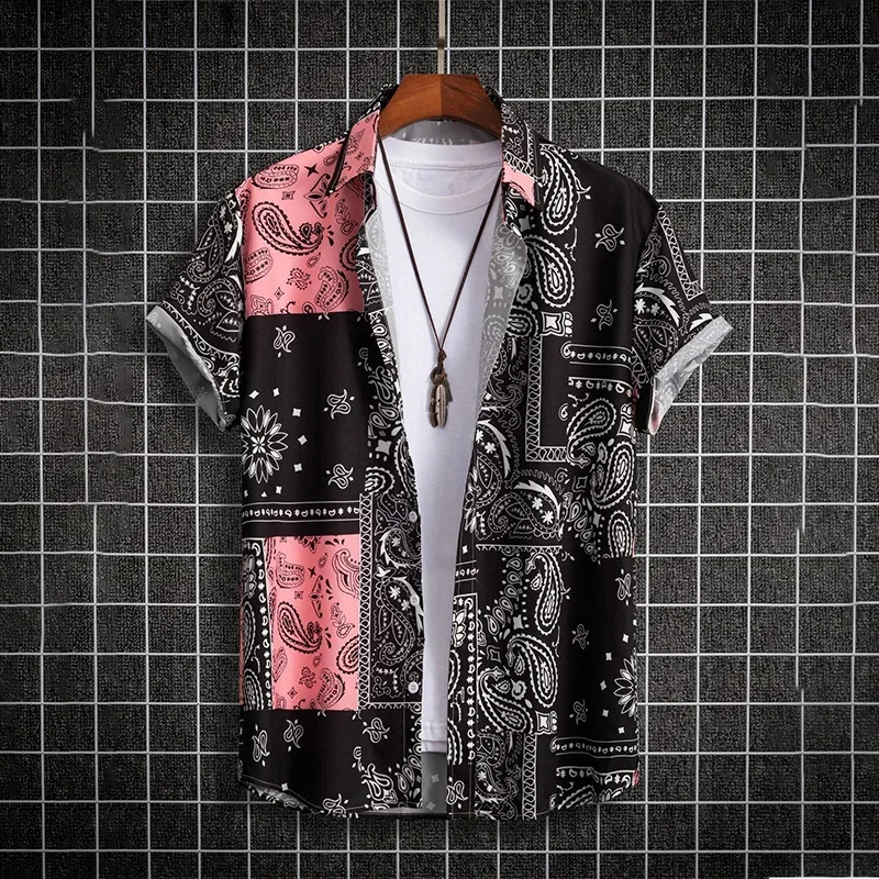 thumbnail image 1 of Camisa hawaiana con estampado retro de flores y empalmes para hombre, blusas de manga corta con botones y solapa, estilo hawaiano, para verano, 1 of 4