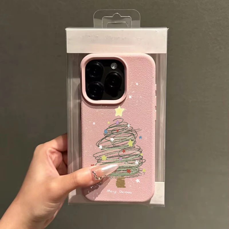 Festive Merry Christmas Tree PU Leather Matte Silicone Phone Case