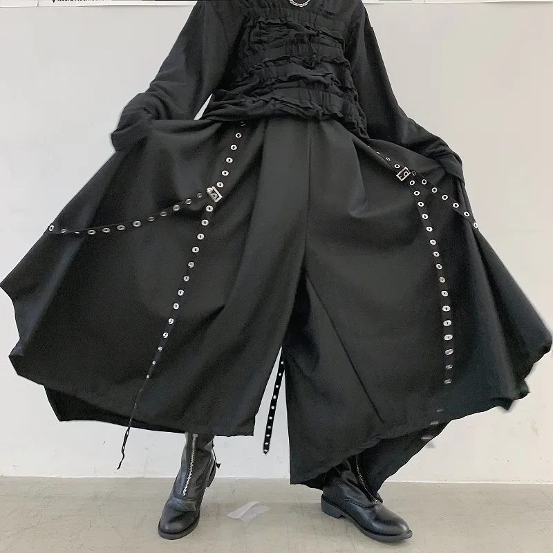 Wide Leg Pants Men Ribbon Dark Black Wide Leg Pants