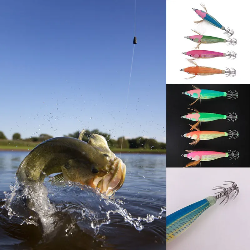 

10Cm Fishing Lure Artificial Squid Hook Jigs Wood Shrimp Octopus Bait 4Pcs/set Four Color Fluorescence for Nights