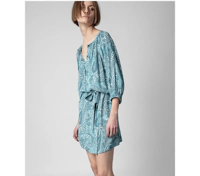 

Women Mini Dresses Round Neck Paisley Print Lace-up Front Button Robe 100% Viscose Casual