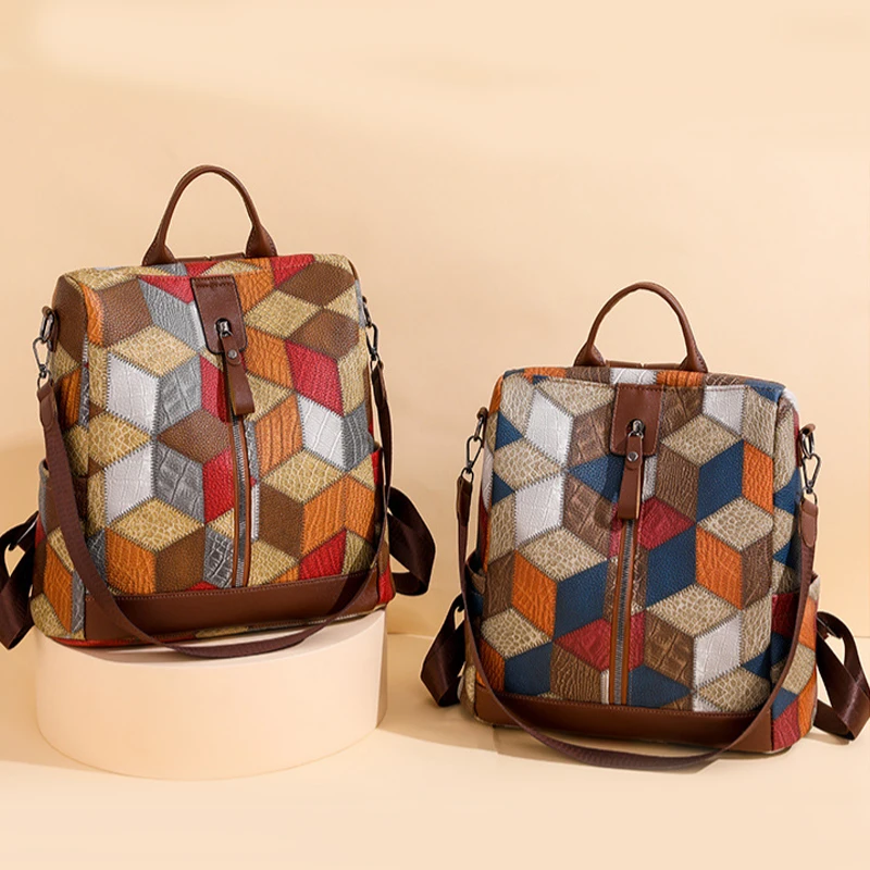 Fashion Plaid Backpack Women Soft PU Leather Daypack Female Large Rucksack Travel Bag Ladies Bagpack Big School Backpack for Gir