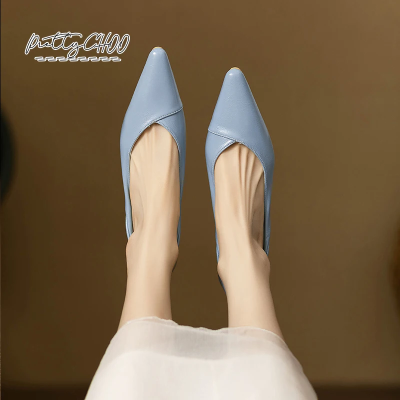 Brand Design Hollow Out Folded Heel Shoes Woman Soft Leatherette Point Toe Dress Shoes Ladies Comfort Office Zapatos in Blue 5