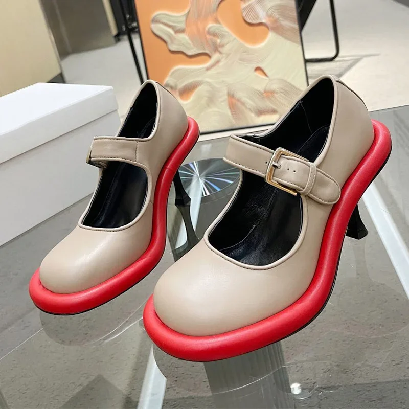 

Женские кожаные туфли на высоком каблуке, весенние туфли в стиле преппи с круглым носком и пряжкой, дизайнерские модные кожаные туфли с толстой подошвой