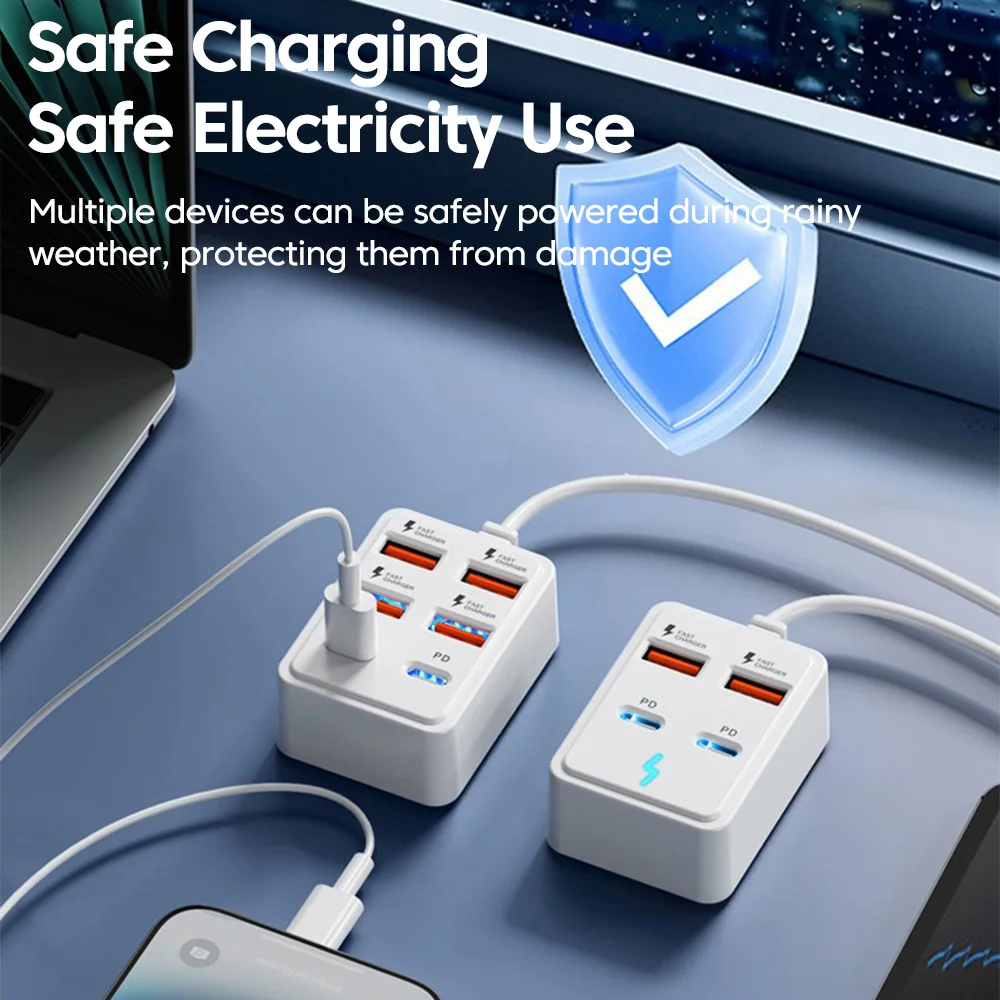 Multi-Port USB Charger with 6 Outlets and Power Strip, 43CM Cable Included