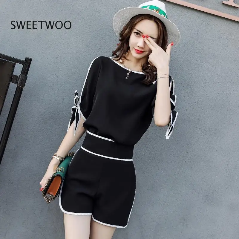 Women's Casual Cotton Suit 2022 New Summer Fashion High Waist and Off-Shoulder Short Sleeve Top Wide Leg Shorts 2 Two Piece Set