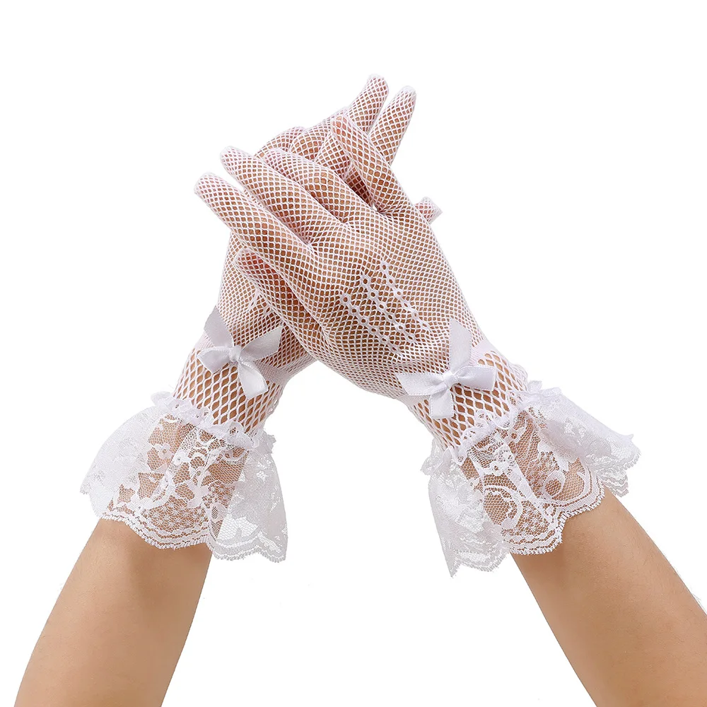 

Elegant Ladies Short Lace Gloves Sheer Fishn Net Black White Prom Party Wedding Mesh Bow Glove Dress Accessories