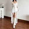 Fairycore Lace Flare Sleeve Square Neck A-line Dress Sweet E-girl Irregular Long Hem Dresses Cyber Y2K Party Vestido 1