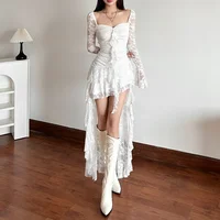 Fairycore Lace Flare Sleeve Square Neck A-line Dress Sweet E-girl Irregular Long Hem Dresses Cyber Y2K Party Vestido 1