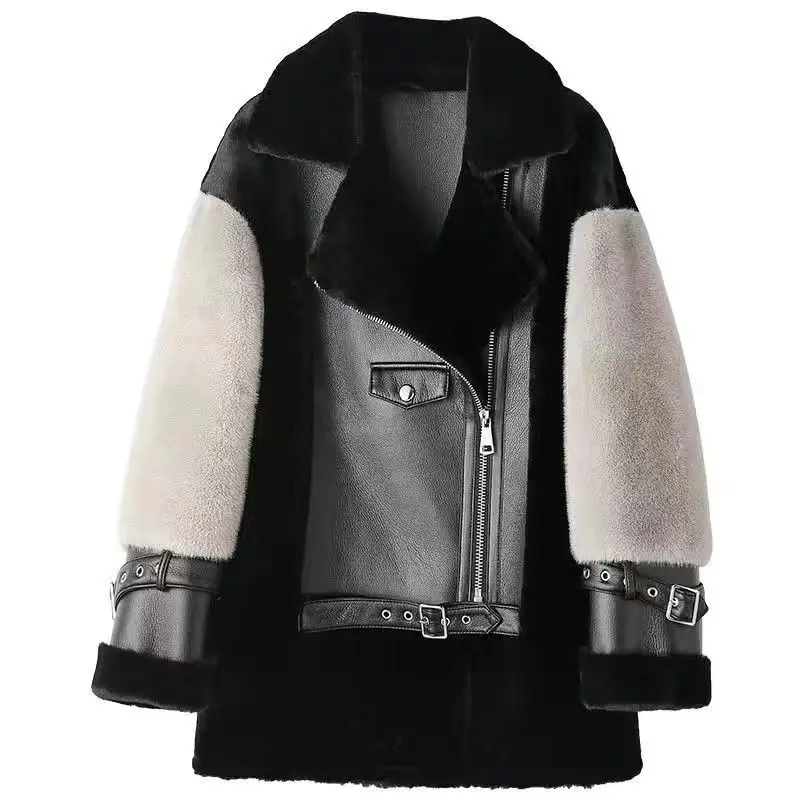 New Autumn Winter Fur One Motorcycle Short Jacket Outwear Women's Stitching Contrast Color European Mink Fleece Motorcycle Coat