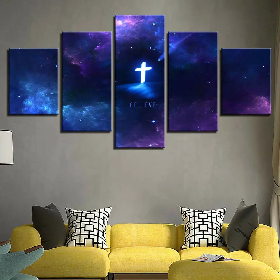 

Believe Jesus Christ Cross Clouds Night Sky 5 Panel Canvas Print Wall Art Poster HD Print Pictures Home Decor No Framed 5 Piece