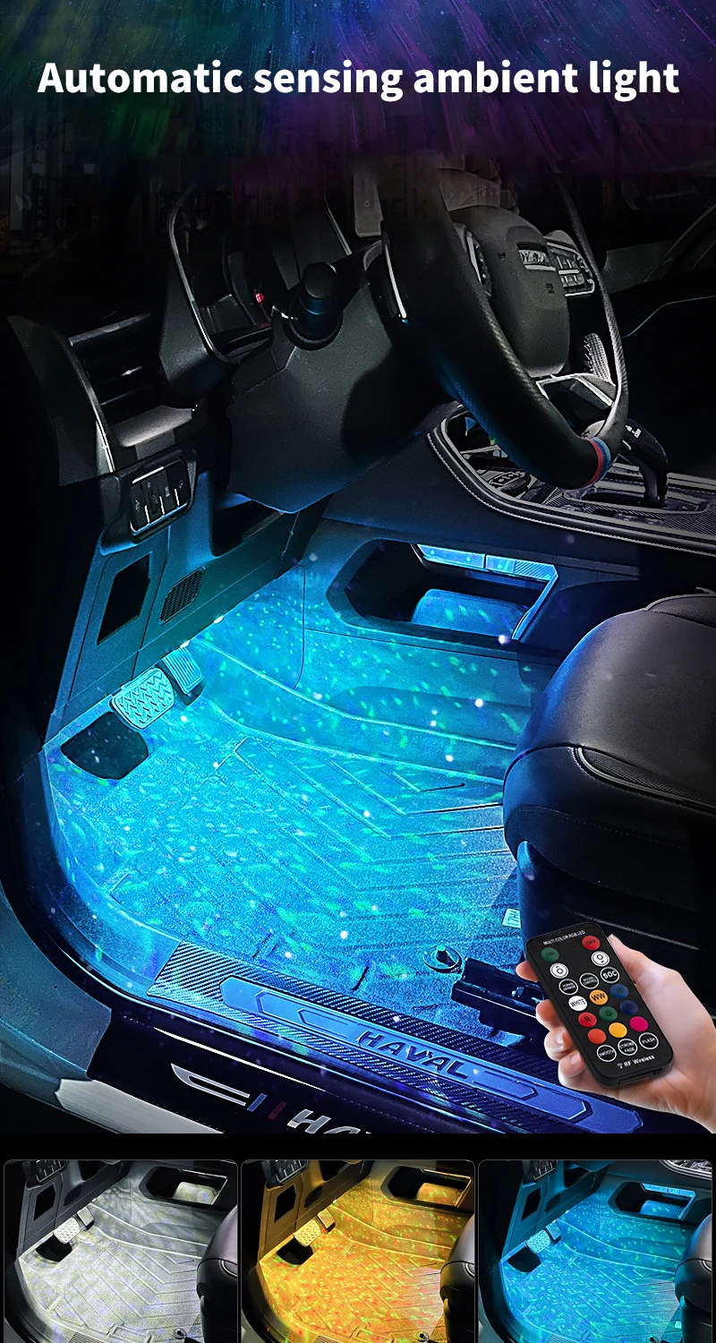 Ambientebeleuchtung für Autos, kabellose LED-Beleuchtung mit automatischer Sensorik, farbenfrohe Sprachsteuerung, Innendekoration, kabellose Fußraumbeleuchtung – Detail 1