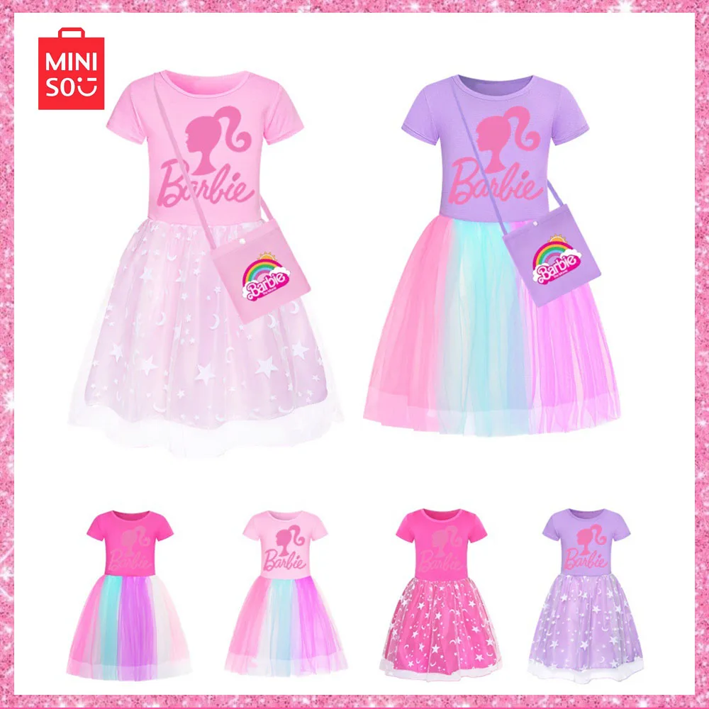 2023Miniso Barbie Princess New Children Summer Dress Stars Rainbow Rainbow Lace Saree Dopamine Girl Wear Regalo Di Natale