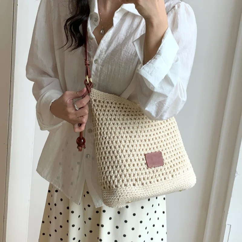 Beach Summer Bag for Women Mesh Woven Shoulder Bag Adjustable Strap Handbag Large Capacity Tote Bag for Travel Vacation