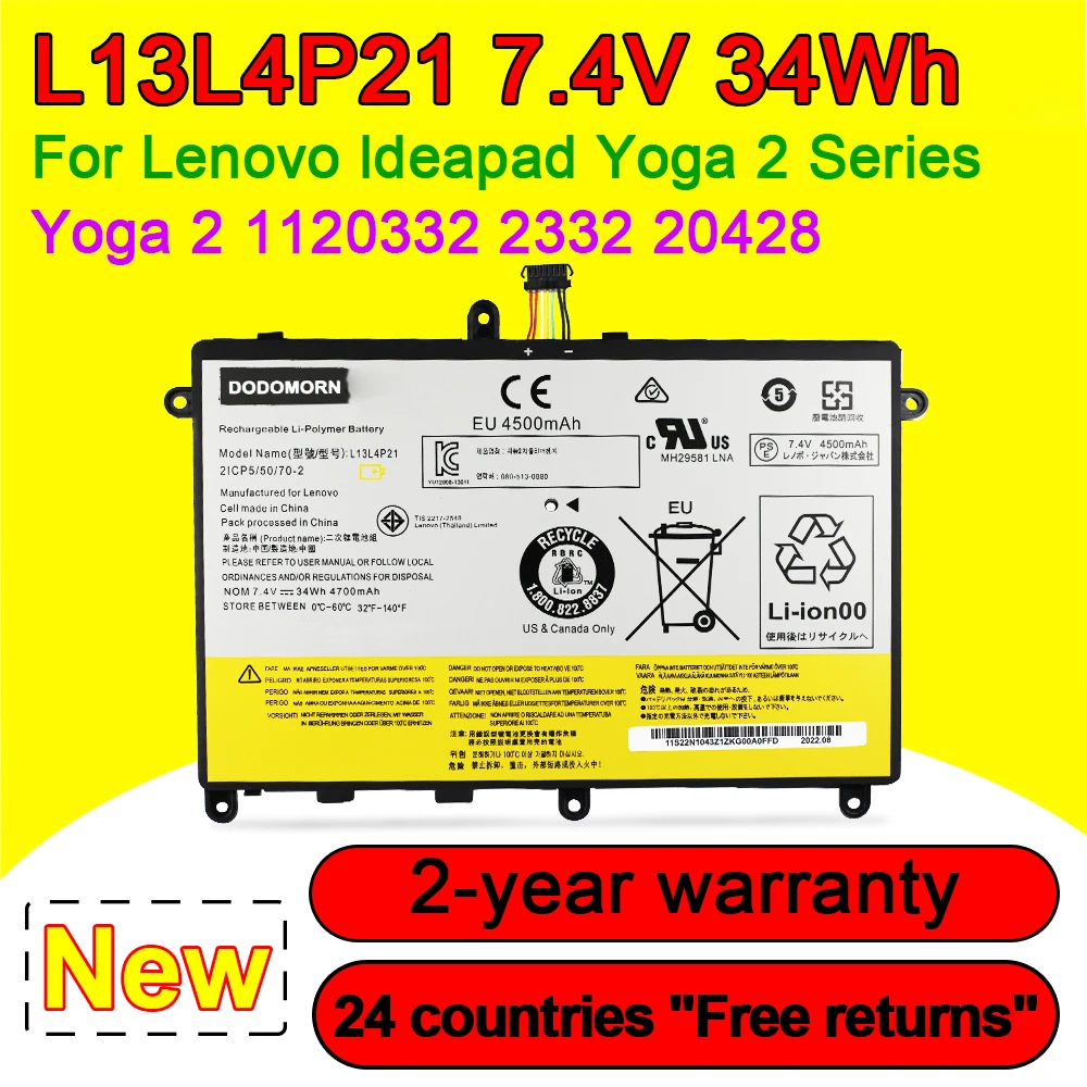 

For Lenovo IdeaPad Yoga 2 11 20332 20428 2332 Series Laptop Battery L13L4P21 L13M4P21 2ICP5/50/70-2 121500223 7.4V 34Wh 4700mAh