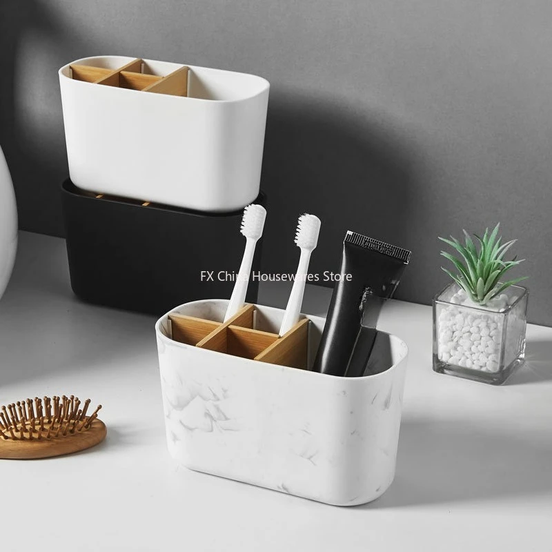 Eco-Friendly Bamboo Toothbrush Holder - 5 Slot Bathroom Organizer with Toothpaste Compartment