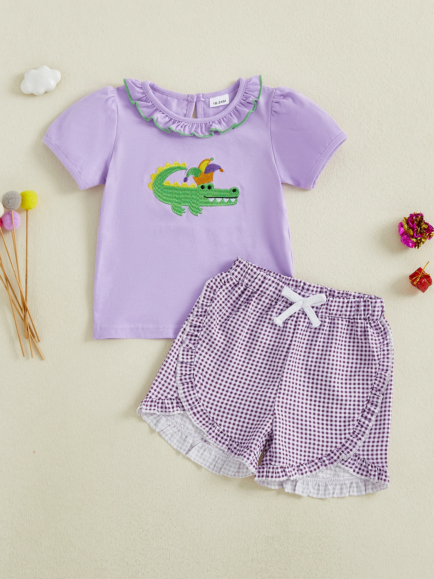 Adorable Infant Girls Outfit Stylish Crocodile Embroidered Top and Plaid Shorts Set for Summer - 2 Piece Set for Toddlers