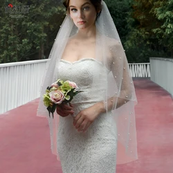 YouLaPan V91 Sparking Wedding Veil 2 Tiers Pearl Bridal Veil Champagne Glitter Veil Golden Wedding Veil with Comb Delicate Beads