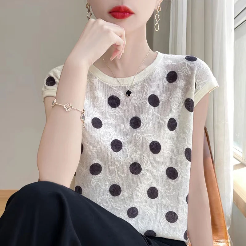 폴카 도트 루즈핏 여성 반팔 셔츠, 얇은 캐주얼 상의, 편안한 통기성 셔츠, 웨스턴 스타일, 2024 여름 신상