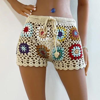 Women Knit Crochet Beach Shorts Swimsuit Cover Ups Casual Hollow Out Elastic Waist Drawstring Short Pants Lounge Shorts Swimwear 1