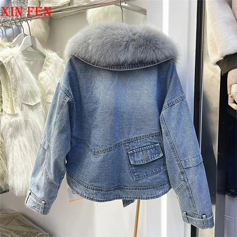 Womens Coats Spring 2025New 100%Natural Real Fox Fur Collar Fashion Short Denim Jacket Luxury Goose Down Puffer Jackets Clothing 3