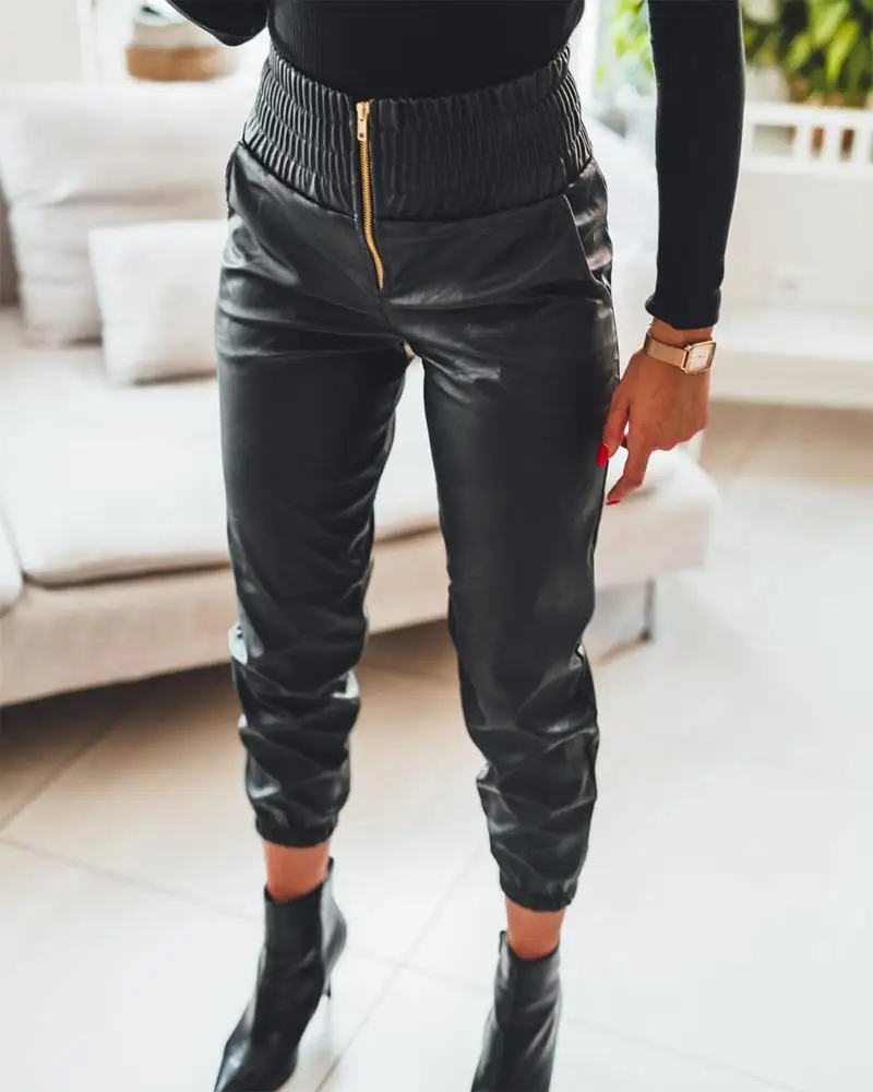 Description Picture 3 of itemFashion Women Casual Black Leggings Daily Wear Winter Wear Sexy PU Leather Zip Detail High Waist Cuffed Pants