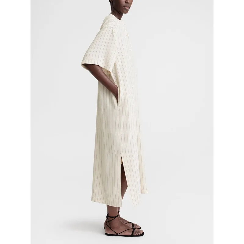 

TOT@ Dress Women's 2024 Spring/Summer New Beige Loose Striped Short Sleeved Dress Commuting Style Niche