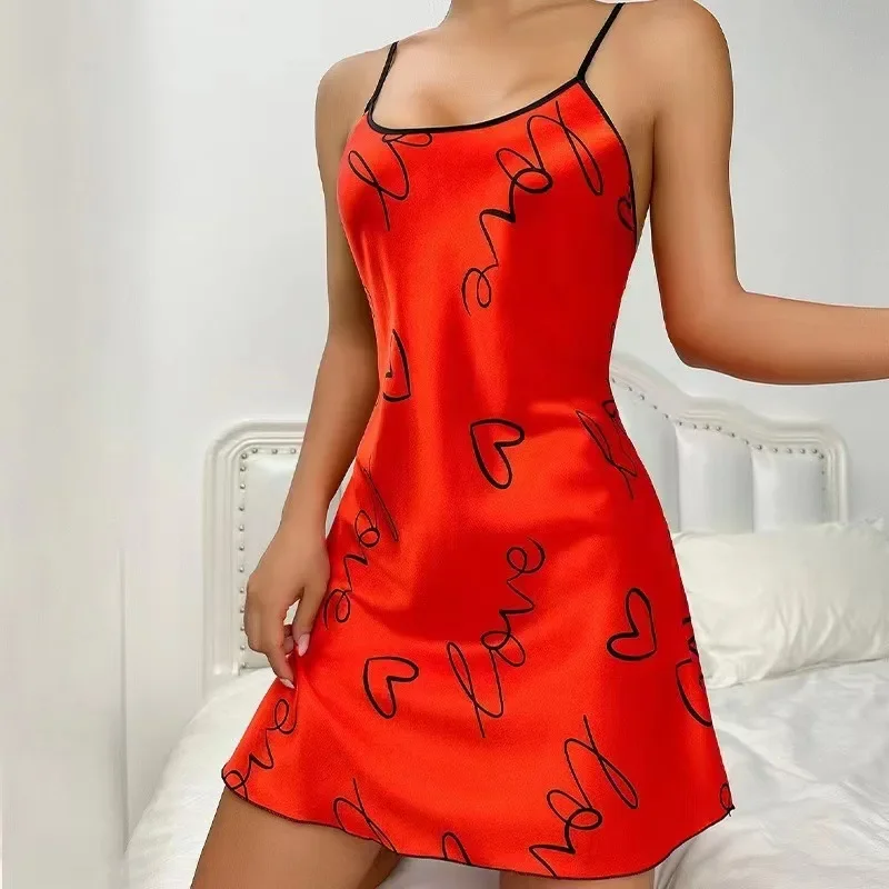 Heart Letter Print Nightdress Casual Round Neck Spaghetti Strap Sleep Dress Women's Sleepwear Dresses Sexy Costume