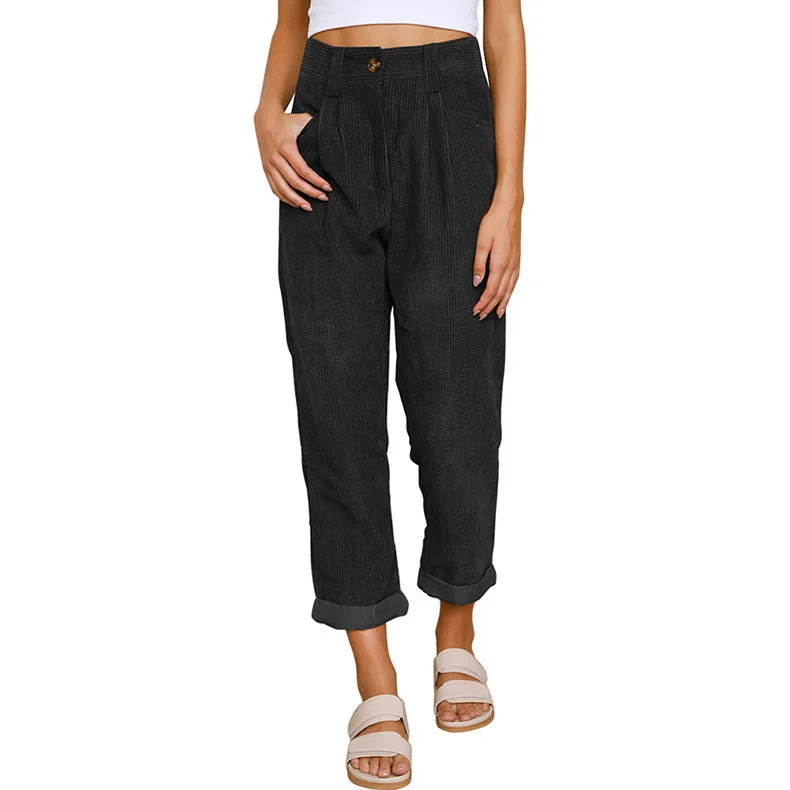 High Waist Casual Pants for Women Autumn Winter Corduroy Straight Leg Trousers Comfortable Loose Fit Long Pants - 2