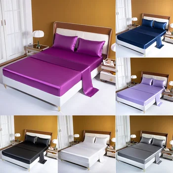 Set di lenzuola in raso di seta da 3/4 pezzi 1 lenzuolo con angoli tascabili profondi + 1 lenzuolo piatto + 2 federe lenzuolo di lusso arredamento camera da letto 1