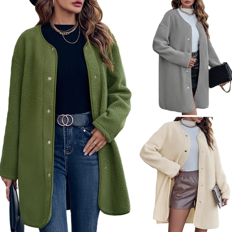 

Женские теплые пушистые куртки с длинным рукавом на пуговицах, зимняя меховая верхняя одежда с круглым вырезом, повседневное