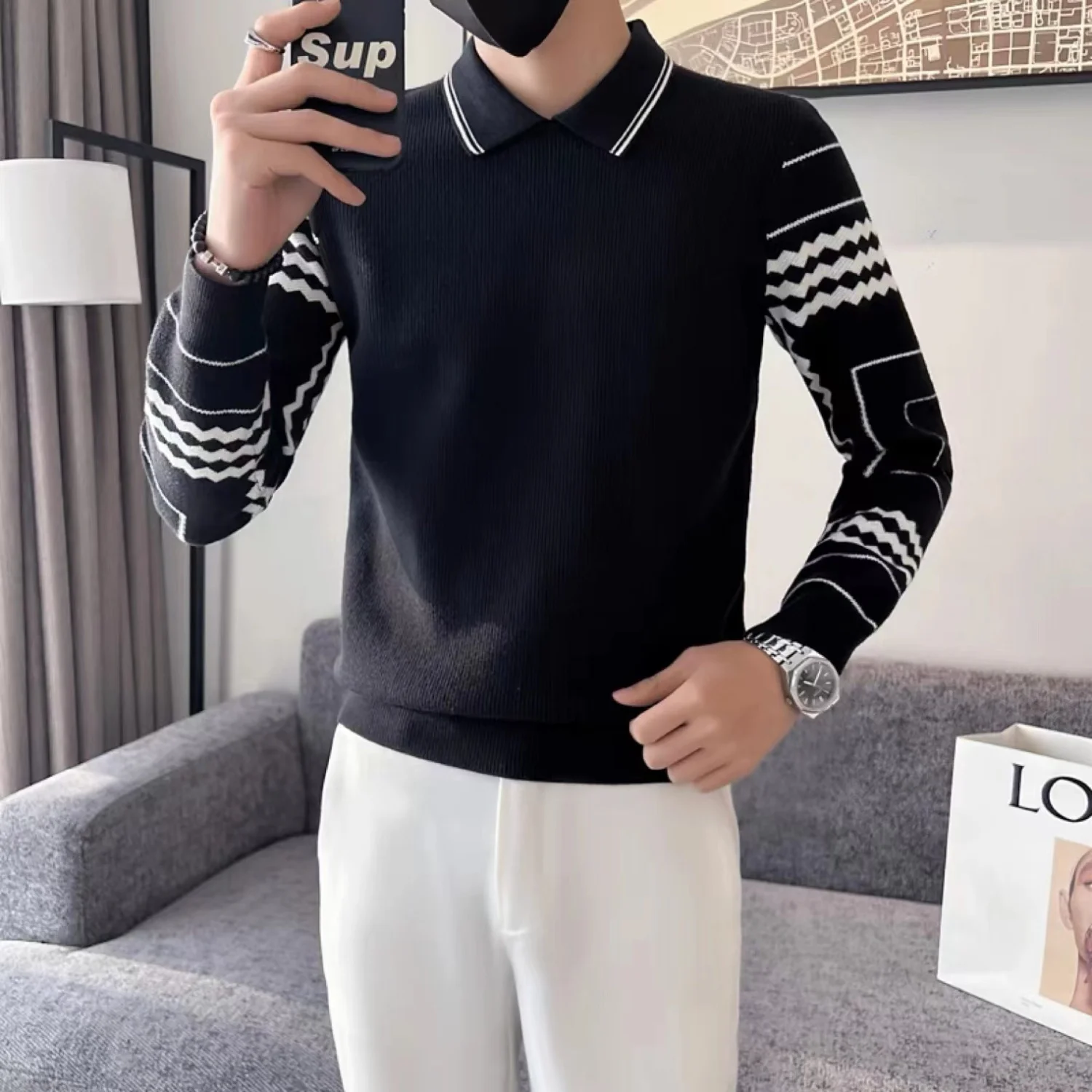 Men's Sweater Pullover Long Sleeve POLO Neck Knitwear Loose Relaxed Knitted Pure Woolen Sweater Autumn Winter New Style D171