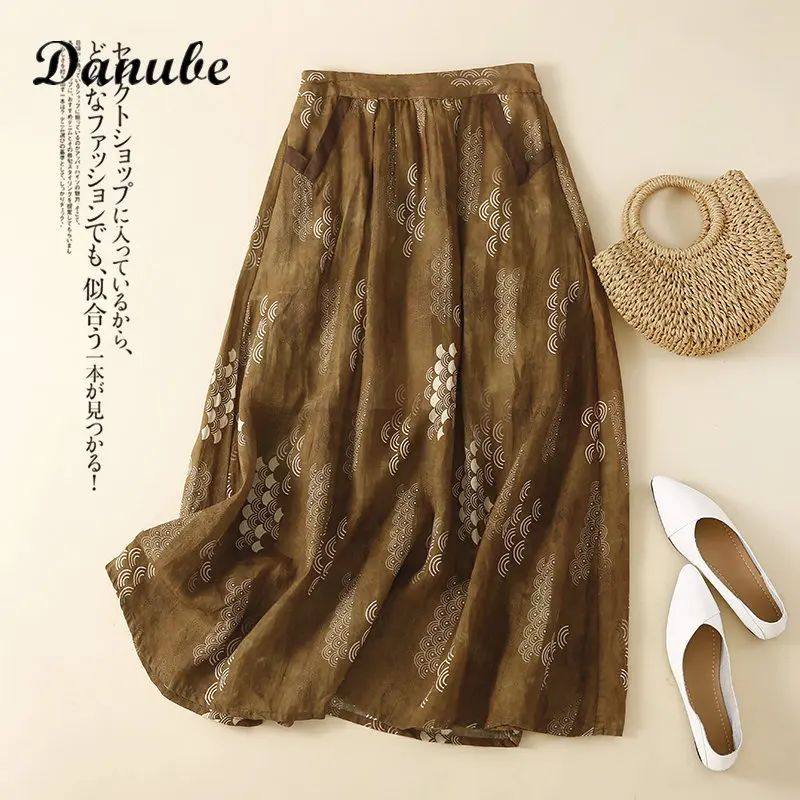 

Japanese Vintage Floral Print Cotton Linen Skirt Women Summer Loose Elastic High Waist Casual A-LINE Midi Skirts saia feminina