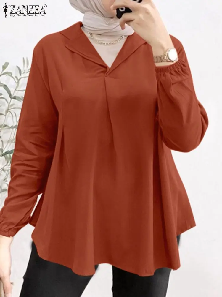 

ZANZEATurkey Kaftan Muslim Fashion Blouse Women Long Sleeve V-Neck Tops Dubai Shirt Loose Ramadan Blusas Solid Islamic Clothing
