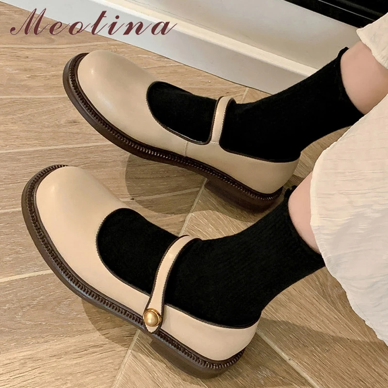 

Meotina Women Genuine Leather Mary Janes Round Toe Flats Ladies Shallow Fashion Casual Shoes Spring Autumn Beige Apricot 40