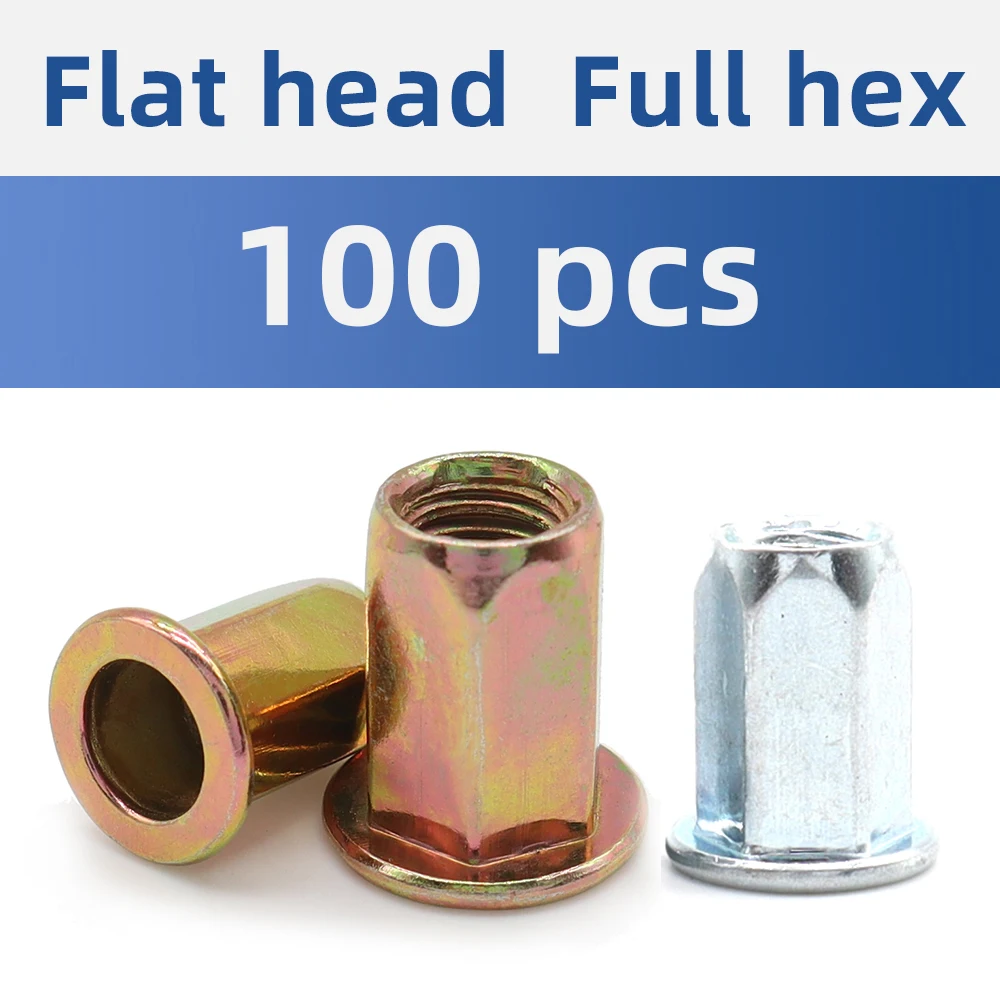 100PCSHexRivetNutFullHexagonalFlatHeadBodyZincPlatedCarbon