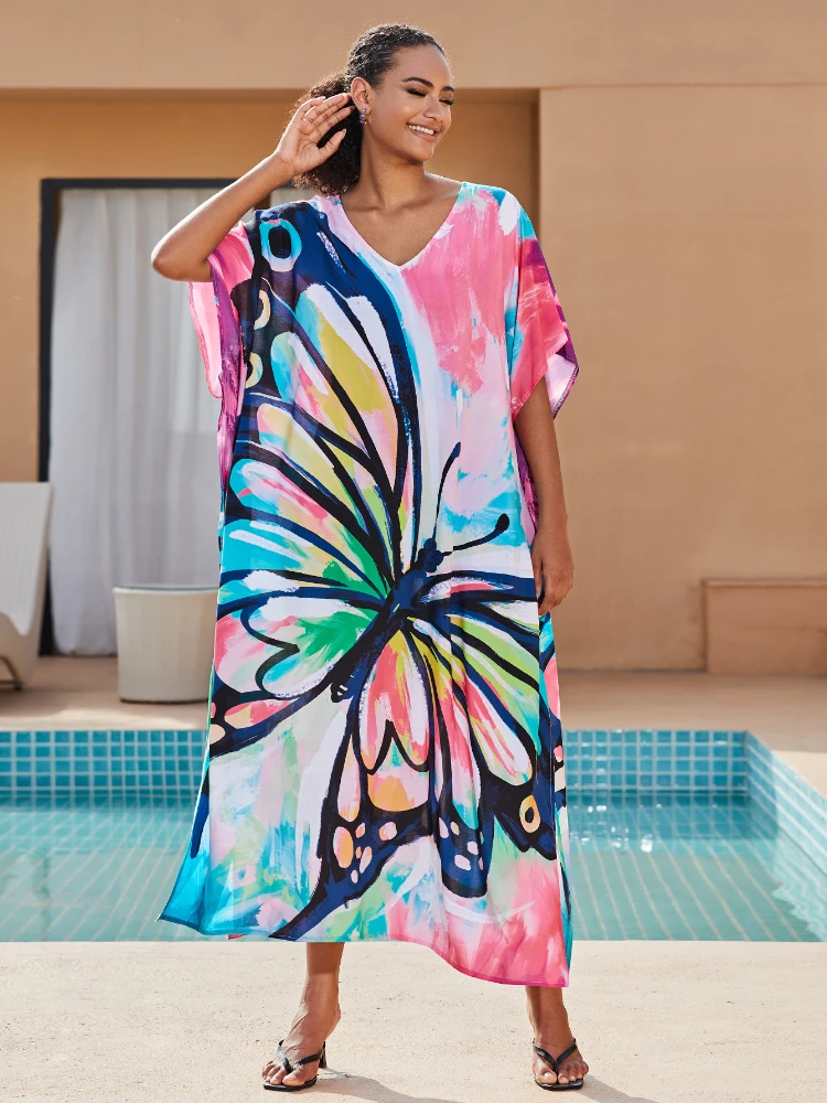 

Butterfly Beach Dresses Geometric Printed Kaftans for Women Maxi Robe Swimsuit Cover Ups Holiday Beachwear Hot Sales